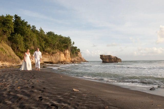 wedding couple on st lucia black sand beach